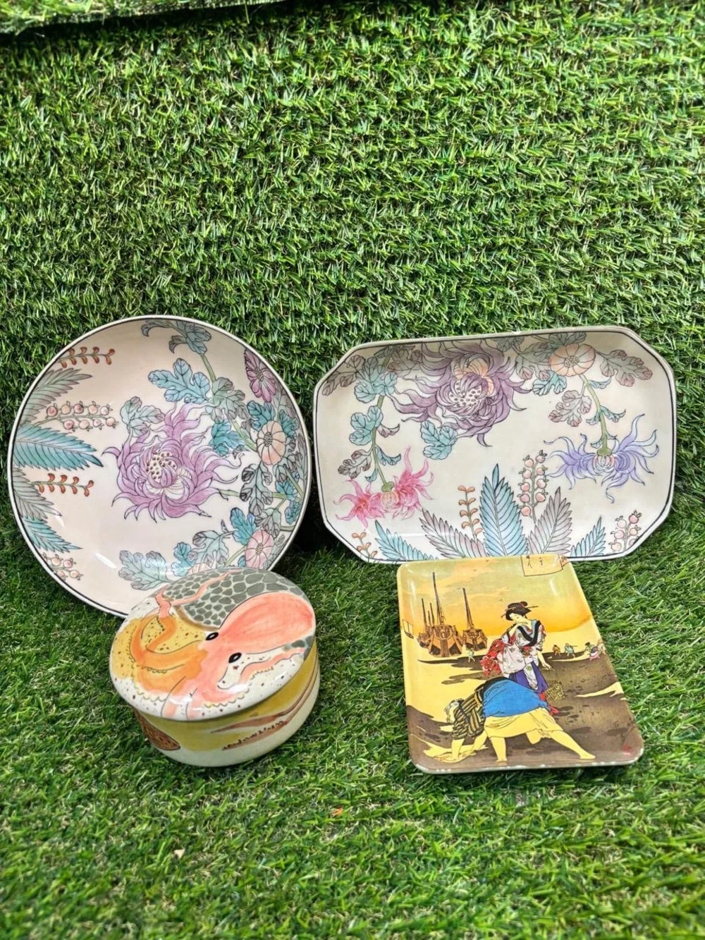 Vintage Asian Decor Lot Macau Porcelain Octopus Box Japanese Tray 4 Pc Rare